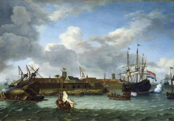 Die Insel Onrust vor der Küste von Batavia (heute Jakarta, Indonesien), ausgestattet mit allen notwendigen Infrastrukturen für kommerzielle Aktivitäten und die Wartung der Schiffe der Niederländischen Ostindien-Kompanie