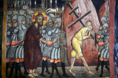 Die Passion Christi Simon trägt das Kreuz Byzantinisches Fresko aus dem Agios Ioannis Lampadistis Kloster, Heiliger Johannes Lampadistis 11. Jahrhundert Zypern Bemalte Kirchen UNESCO-Stätte Troodos, Zypern