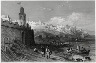 Der malerische Hafen der befestigten Stadt Tanger im 19. Jahrhundert, im Buch über das Mittelmeer von Louis Enault (1824-1900), einem französischen Journalisten und Reisenden. Louis Enault, LA MEDITERRANEE SES ILES ET SES BORDS, Morizot