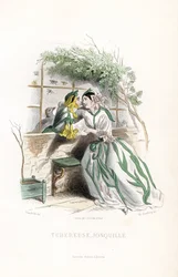 Die Knollenfee und ein Elf-Narzisse werden auf einer Gartenbank neben einer Mauer umworben - Radierung von Charles Geoffroy nach einer Illustration von Jean Ignace Isidore Gerard dit J.J.Granville für Les fleurs animées