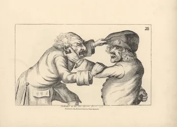 Zwei Bauern Hal und Dick kämpfen wegen eines Gerüchts über Untreue von Hals Frau Doll. Kupferstich nach einer satirischen Illustration von Timothy Bobbin (John Collier) aus Human Passions Delineated, John Haywood, Manchester.