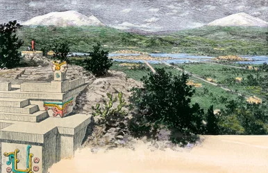Ansicht der Stadt Tenochtitlan (oder Mexiko-Tenochtitlan), wie sie auf der Insel im Texoco-See war, als sie die Hauptstadt des Aztekenreiches war, vor 1521 - Kolorierte Gravur