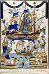 Jungfrau Maria als Madonna in Herrlichkeit (Notre Dame de Grace) als Beschützerin der Seeleute und Reisenden. Die Taube des Heiligen Geistes fliegt über das Schiff im unteren Teil. 19. Jahrhundert (französischer Holzschnitt)