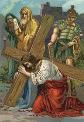 Kreuzweg - Via Crucis - Kreuzwegstationen: Siebte Station, Jesus fällt zum zweiten Mal. Chromolithografie. Private Sammlung