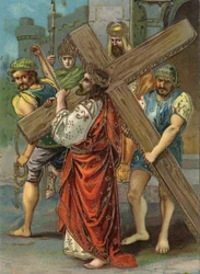 Kreuzweg - Via Crucis - Kreuzwegstationen: Zweite Station, Jesus trägt sein Kreuz. Chromolithografie. Private Sammlung