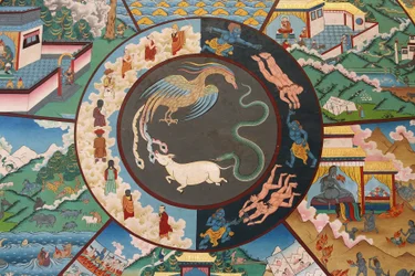 Rad des Lebens oder Rad des Samsara (Mandala): Hahn, Schlange und Schwein. Kloster Kopan, Kathmandu, Nepal