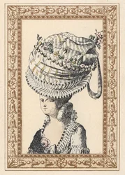 Frau mit einem riesigen Hut namens Glück des Jahrhunderts. Handkolorierte Lithographie von de Laubadere aus Octave Uzane