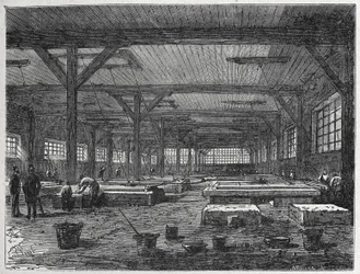 Glasfabrik: Herstellung eines Spiegels, ca. 1880 (Gravur)