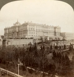 Das imposante Königspalast und der Königliche Park Campo del Moro, Madrid, Spanien, 1902