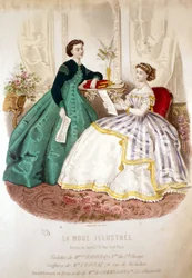 2 Frauen beim Lesen: Toilette von Miss Raboin und die Frisuren von M. Croisat - in „La Mode illustrée“