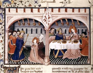 6. Kurzgeschichte: Giovanna beim Mittagessen mit Federigo Alberighi, eine Beleuchtung aus Boccaccios Decameron (1432)