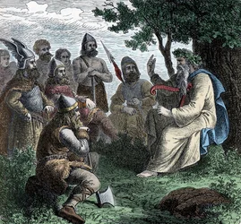 Ein Barde rezitiert vor Nordmännern - Wikingerzivilisation: Ein Barde Druide rezitiert Poesie für Krieger, 8.-9. Jahrhundert