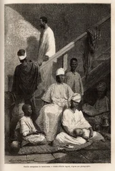 Eine senegalesische Familie aus Saint Louis. Gravur zur Illustration einer Kreuzfahrt an der Küste Afrikas, von Vizeadmiral Fleuriot de Langle, 1868, veröffentlicht in „Le tour du monde“ 1872, herausgegeben von Edouard Charton, Hachette, Paris. Selva-Samml