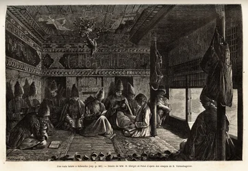 Eine tatarische Schule in Schuscha (Transkaukasien, Russland), der Unterricht wird den Jungen vom Mullah erteilt und besteht ausschließlich aus Lesen und Schreiben sowie Kommentaren zu den Versen des Korans. Illustration der Reise in die Provinzen des Ka