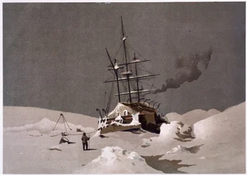 Ein Boot im Eis gefangen - in "Die Küsten des Polarmeeres, eine Erzählung der Arktisexpedition", von Dr. Edward Moos, Marcus Nard & Co, London