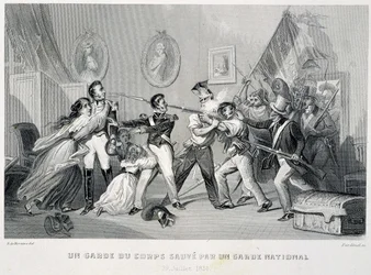 Ein Leibgardist wird von einem Nationalgardisten gerettet (29. Juli 1830) - in „Fastes des Gardes nationales de France“
