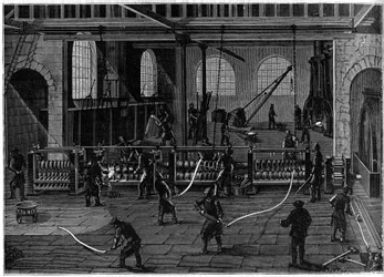 Eine Kupferzeichnungswerkstatt in England. Gravur im illustrierten Journal „La Jeunesse“.