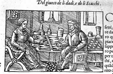 Ein Paar spielt Würfel. Gravur nach „Historia de gentis septemtrionalis“ von Olaus Magnus, Rom 1560