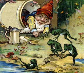 Ein Zwerg oder Kobold spielt mit Fröschen. Chromolithographie aus dem 19. Jahrhundert