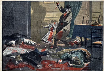 Eine ermordete Familie: Ermordung der Familie Leblond durch den Wahnsinnigen Caillard in Nassandres bei Bernay. Illustration in „Le Pèlerin“ vom 10. April