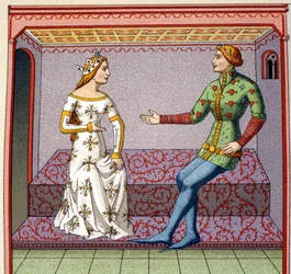 Eine galante Szene im Mittelalter: Ein junger Mann umwirbt eine Prinzessin. Falsches Kolleg nach einem Manuskript. 19. Jahrhundert.