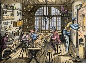Eine Goldschmiedewerkstatt - Handwerk: Ansicht der Werkstatt von Etienne Delaune (1518-1583), Goldschmied, französischer Drucker. Gravur nach einem Original von 1576. Werkstatt von Etienne Delaulne, einem Goldschmied in Paris