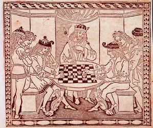 Ein König beobachtet ein Schachspiel. Xylographie aus dem Frontispiz von „De Ludo Scorcorum“ von Jacopo de Cessoles (14. Jahrhundert) Venedig, Biblioteca Marciana