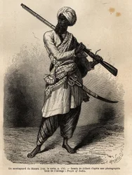 Ein Bergsteiger aus Hazara (Punjab, Indien). Gravur zur Illustration der Reise nach Pandjab und Kaschmir, Geschichte von Guillaume Lejean, 1866, veröffentlicht in "Le tour du monde, nouveau journal des voyages"