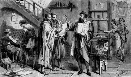 Eine Druckerei im 15. Jahrhundert, Gravur 19. Jahrhundert