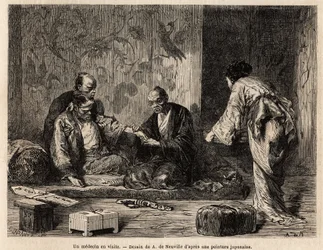 Ein besuchender Arzt nimmt das Huhn des Patienten, unterstützt von der Hilfe des Arztes, und eine Frau bringt ein Tablett; die medizinischen Notwendigkeiten sind in der stoffbedeckten Box eingeschlossen, die der Arzt zu jedem Besuch mitbringt. Gravur zur I