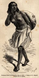 Ein Wasserträger aus Monkoullo, eine Samharianerin (Äthiopien), trägt ein Lederoberteil, das an einem langen Palmfaserseil hängt, das sie in einen großen Tontank entleert, um das Tier zu tränken. Illustration der Reise nach Abessinien, 1862, von Guillaume