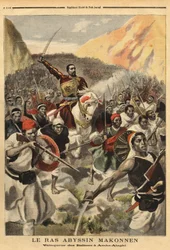 Abessinischer Ras Ras Makonnen (Mekonnen Welde Mikael) (Abba Qagnew) (1852-1906), Kriegsherr und rechte Hand von Kaiser Menelik II. (1844-1913), mit seinen Truppen, Sieger von Amba Alaghi, der italienischen Armee unter dem Kommando von Major Toselli. Gravu