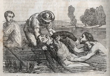 Unfallmedizin - über die wirksamste Hilfe für Ertrinkende - um einen Ertrinkenden aus dem Wasser zu holen, muss man es so bequem wie möglich tun - Gravur in „La Sante Universelle - Guide Medical des Familles“ 1852