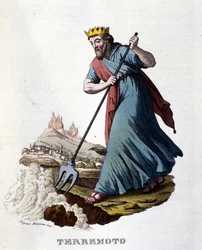 Laut griechischer Mythologie werden Erdbeben von Neptun verursacht, der die Erde mit seinem Dreizack erschüttert. Gravur aus dem 19. Jahrhundert