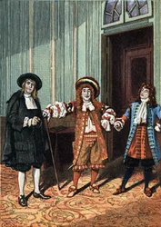 Akt II von "Der Bürger als Edelmann", Komödie-Ballett in fünf Akten in Prosa von Molière. Der Meisterphilosoph (Herr Lenoir), der Tanzmeister (Herr Truffier), Herr Jourdain (Herr Coquelin der Jüngere). Um 1890.