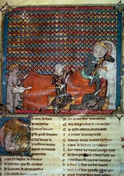 Adenet le Roi (circa 1240- circa 1300), Dichter und Minnesänger, rezitiert den Roman von Cleomades vor Mathilde de Brabant (1224-1288) und der Prinzessin Blanche von Kastilien (Tochter von Ludwig dem Heiligen)