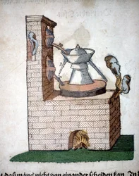 Alchemie: Apparatur zur Destillation, aus einem Buch von Pietro Andrea Mattioli (Matthiole) (1500-1577). Frankfurt