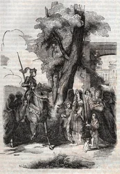 Alcina und ihr Hof kommen, um Ruggiero zu begrüßen - Gravur von 1851 aus dem Gedicht Orlando furioso (1516) von Ludovico Ariosto - Ausgabe, übersetzt aus dem Italienischen von Graf von Tressan und veröffentlicht von Gustave Harvard 1851