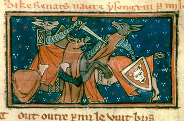 Allegorie über die Gesellschaft des Mittelalters: „Der Fuchs verwundet Isengrin im Einzelkampf“. Miniatur aus dem Manuskript „Der Roman von Renart Le Nouvel“ von Jacquemart Gielee
