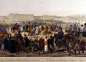 Die Alliierten zogen am 31. März 1814 in Paris ein (Russland Alexander I., der österreichische Kaiser Franz Joseph I. und der preußische König Friedrich Wilhelm III.). Gravur aus dem 19. Jahrhundert
