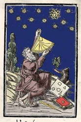 Ein Astronom, der während einer Sonnenfinsternis Berechnungen mit einem Sextanten durchführt. Gravur aus dem 16. Jahrhundert