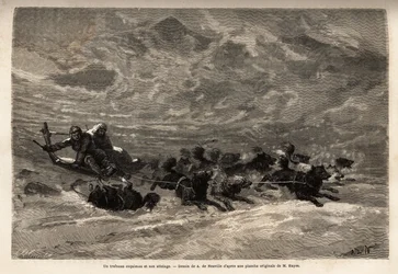 Ein Eskimoschlitten und sein Hundeteam, die schnellste und zuverlässigste Art, in der Arktis zu reisen. Gravur zur Illustration der Reise zum freien Meer des Arktischen Pols, von Dr. Hayes, Chirurg der United States Navy, 1860-1862, veröffentlicht in „Le t