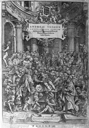 Anatomischer Raum. Frontispiz des Werks „Humani corporis fabrica libri septem 1543“ von Andreas Vesalius (1514-1564)