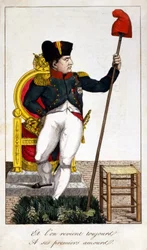 Und wir kehren immer zu seiner ersten Liebe zurück, eine Karikatur über Napoleon I., der 1815 die Macht übernimmt (Episode der Hundert Tage).