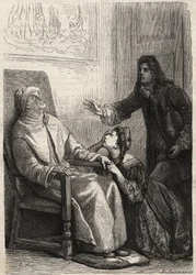 Angelique kniet vor ihrem Vater, den sie für tot hält - Gravur für Jean Baptiste Poquelin, genannt Molière (1622-1673) (Der eingebildete Kranke)
