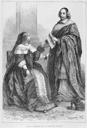Anna von Österreich und Kardinal Jules Mazarin (Giulio Raimondo Mazzarino oder Mazarino) (1602-1661) - Gravur, in „Histoire de France von den frühesten Zeiten bis 1789“ von M. Guizot
