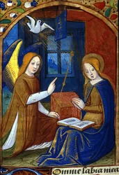 Verkündigung. Manuskript aus dem 15. Jahrhundert. Biblioteca Nazionale Braidense, Mailand.