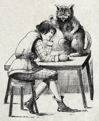 Anonyme Illustration für „Der gestiefelte Kater“, Märchen von Charles Perrault (1628-1703), französischer Schriftsteller. Bild von Marcel Vagne, Jarville Nancy, undatiert (spätes 19. Jahrhundert)