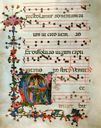 Antiphonar in Note 5, ein Buch, das die Gesänge enthält, die vom Chor während der Messe gesungen werden (Pergament)