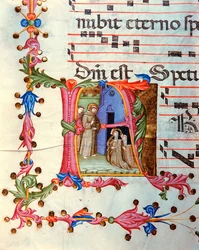 Antiphonar in Note 7, ein Buch, das die Gesänge enthält, die vom Chor während der Messe gesungen werden (Pergament)